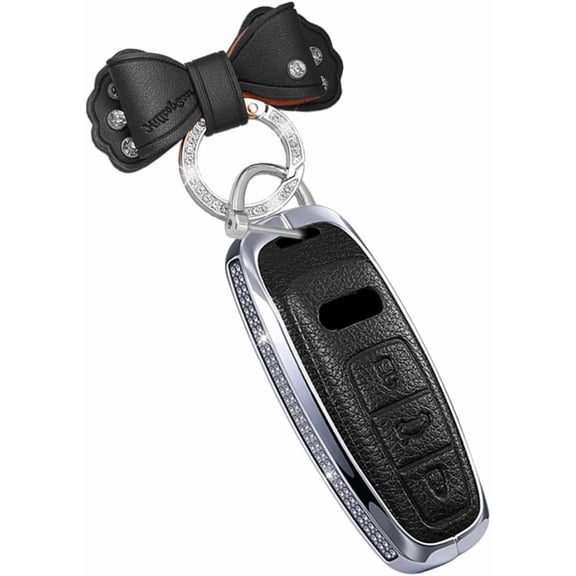 Key Fob Cover Compatible with Fit for Audi A6 A7 A8 Q7 Q8 SQ7 SQ8 E-Tron S6 S7 RS6 RS7, Rhinestones Car Accessories Leather Smart Remote Keychain Black Keychain Case Holder Protector