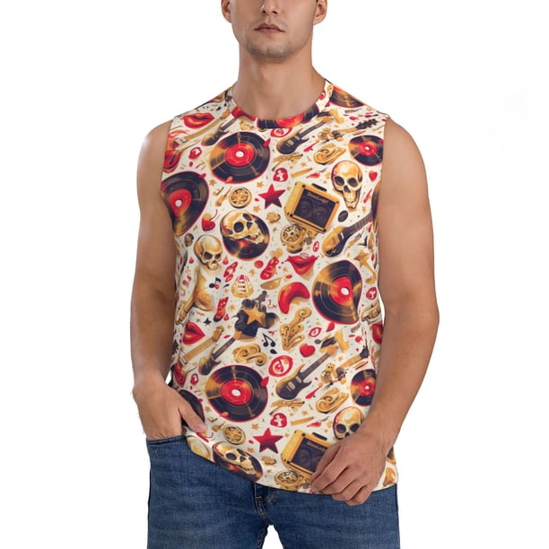 Fotbe gold Skull Guitar record Men's Camiseta sin Mangas Estampada para Hombres, Playera Casual para Gimnasio, Entrenamiento, Playa-Large