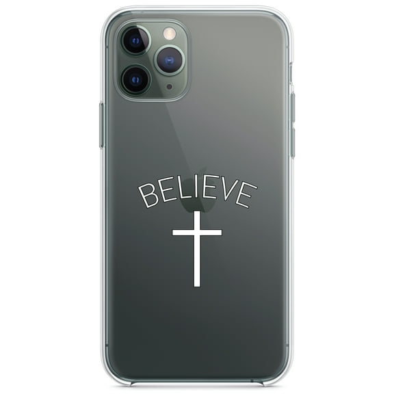 DistinctInk Clear Shockproof Hybrid Case for iPhone 13 (6.1" Screen) - TPU Bumper Acrylic Back Tempered Glass Screen Protector - BELIEVE - Cross, Jesus