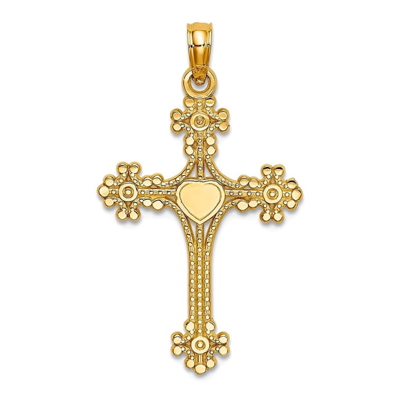 17mm 14k Gold Beaded Tip Religious Faith Cross With Love Heart Center Pendant Necklace for Women