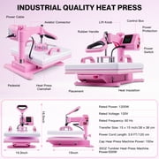Adnoom Heat Press 15x15, 5 in 1 Multifunctional Shirt Press Machine Combo, 360° Swing Away Heat Transfer Sublimation with LED Display for T-shirts Mugs Hat Plate Cap Pink