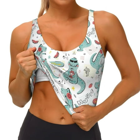 Qokaie Music Lover Dinosaur Pattern Womens Scoop Neck Sports Bra Breathable Workout Vest Padded U Back Medium Impact Fitness Gym Yoga Bra Workout Crop Top