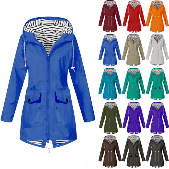Danhjin Women's Waterproof Raincoat Rain Jackets Windbreak Hiking Coat Fall Winter Casual Camping Traveling Hooded Zip up Long Sleeve Solid Color Outdoor Fashion Outfits