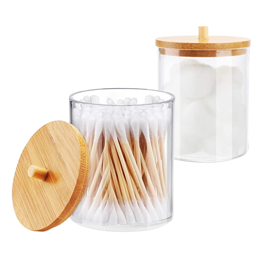 2 Pack Acrylic Qtip Bathroom Jars with Bamboo Lids, Cotton Ball Pad, Round Swab Holder for Bathroom Accessories Storage Organizer