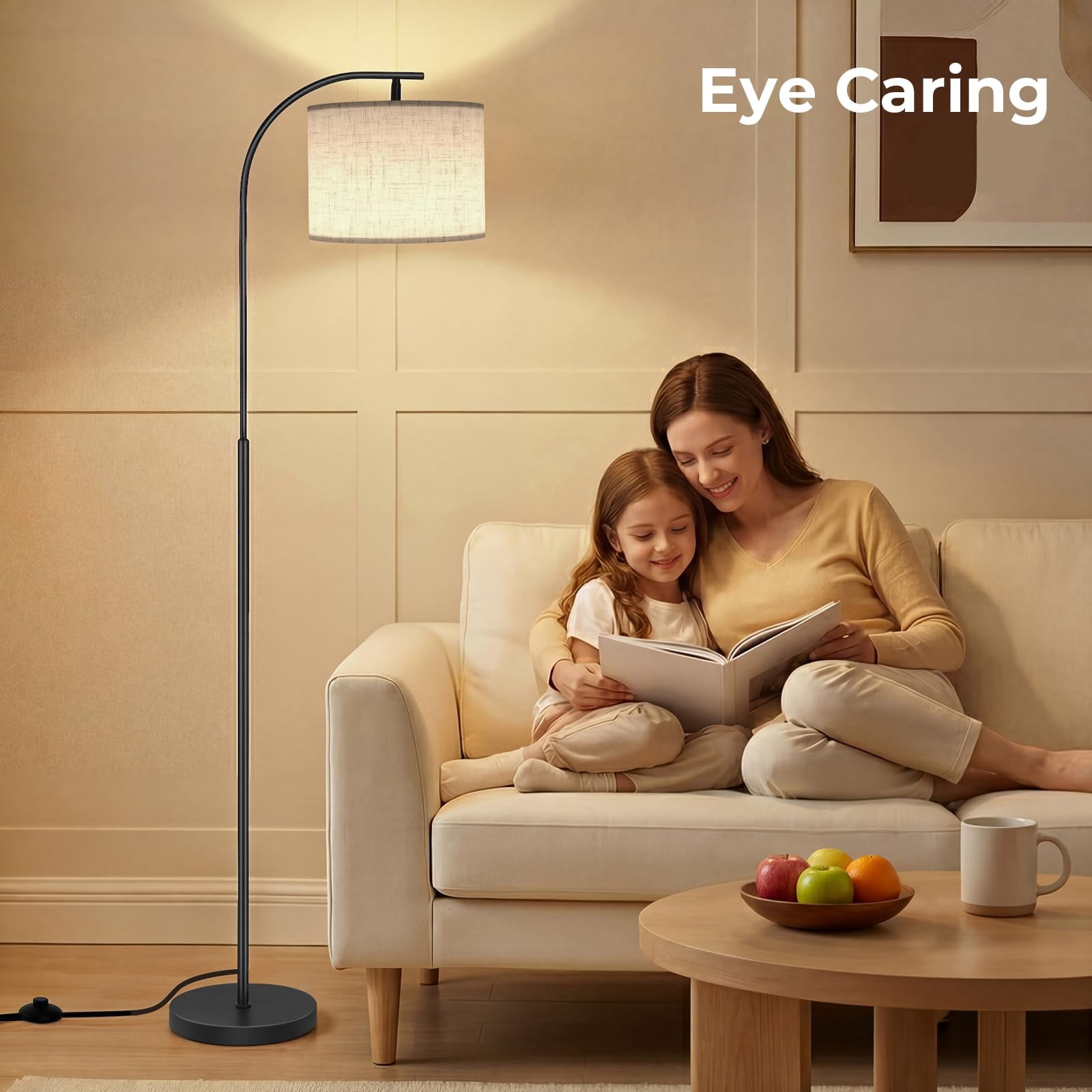 Beige Linen Shade Arc Dimmable Tall Standing Floor Lamp For Reading Living Room Bedroom Office