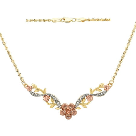 Diamond-Accent 18kt Yellow Gold over Sterling Silver Swirl with Leaves and Flower Pendant Necklace, 18"