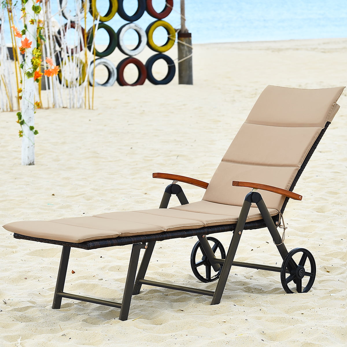 Goplus Folding Aluminum Outdoor Pool Chaise Lounge Chair Rattan Lounger Recliner Chair W/Wheels 