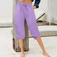 thumbnail image 2 of Wyobmus Women's Cotton Linen Summer Capri Pants Summer Causal Petal Hem Capris Drawstring Solid Elastic Waist Flowy Beach Trousers With Pockets Purple, 2 of 5