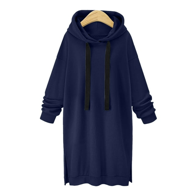 Fartey Womens Oversized Long Fleece Hoodies with Drawstring Fashion Solid Color Long Sleeve Sweatshirts Fall Winter Split Hem Hoodie
