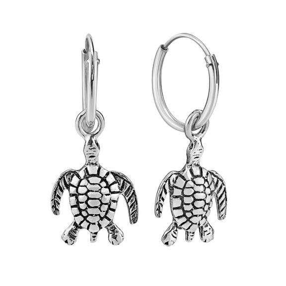 Charming Marine Turtle .925 Sterling Silver Dangle Mini Hoop Earrings