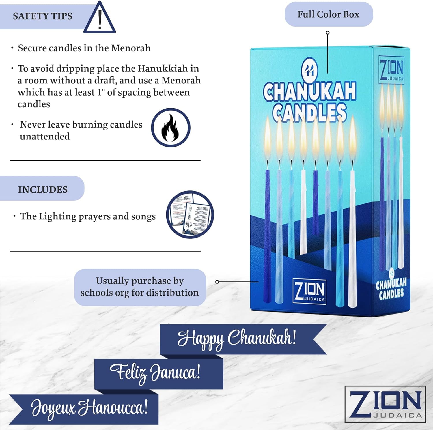 50 Pack Hanukkah Menorah Candles Box of 44 Multi-Blue With Prayer Card - Spiral Style Quality Wax Chanukah Candles - Fits Most Menorahs – Enough for all 8 Nights - Bulk Hanukkah Candles - Zion Judaica