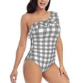 thumbnail image 3 of Easygdp Gray Checkboard Women's One Shoulder Ruffle Monokini Bathing Suits with Removable Chest Pad, Quick Drying - Medium, 3 of 8