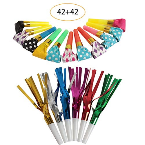 Party Noisemakers for Birthday Party Favors SBYURE 84 Pcs 2 Kinds Of Musical Blow Outs and Glitter Fringed Metalic Noisemaker Assorted Colors New Years Party,Goody Bag Stuffers