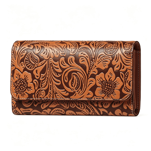AOMRCOL Leather Wallets for Women Rfid Blocking Western Clutch Brown|Embossed Designtrifoldlarge Billfoldsvintage Flowerladies Purses with Zipper Coin Pocket