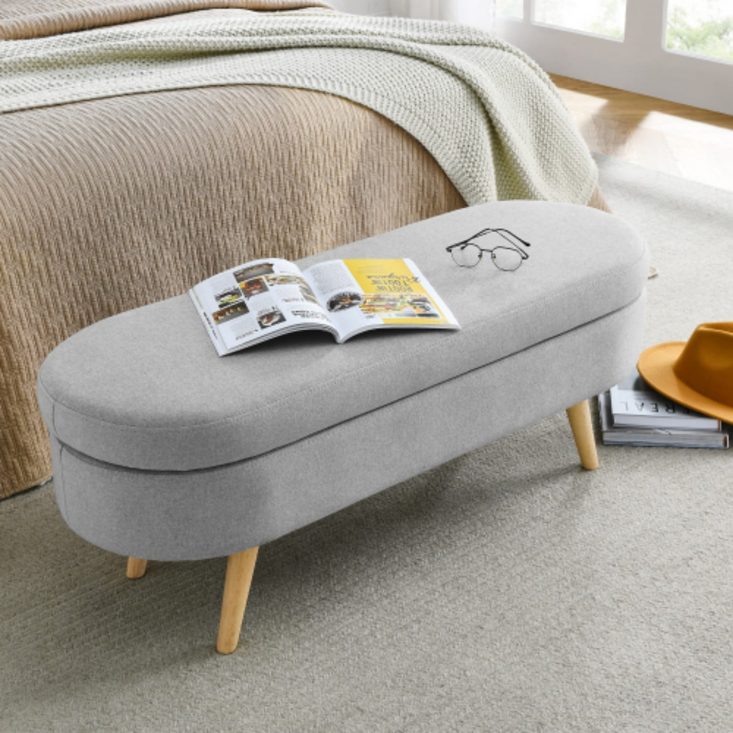 44" Oval Storage Ottoman Bench with Hidden Storage, Upholstered Fabric Ottoman Bench with Rubber Wood Legs for Bedroom, Entryway, Living Room, Grey