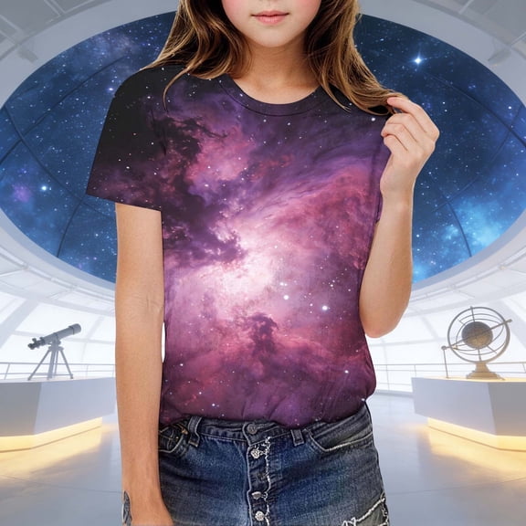 Kids Galaxy Space Print T-Shirt for Girls, Short Sleeve Soft Stretchy Graphic Tee, All Over Colorful Nebula Pattern,Size 15 T