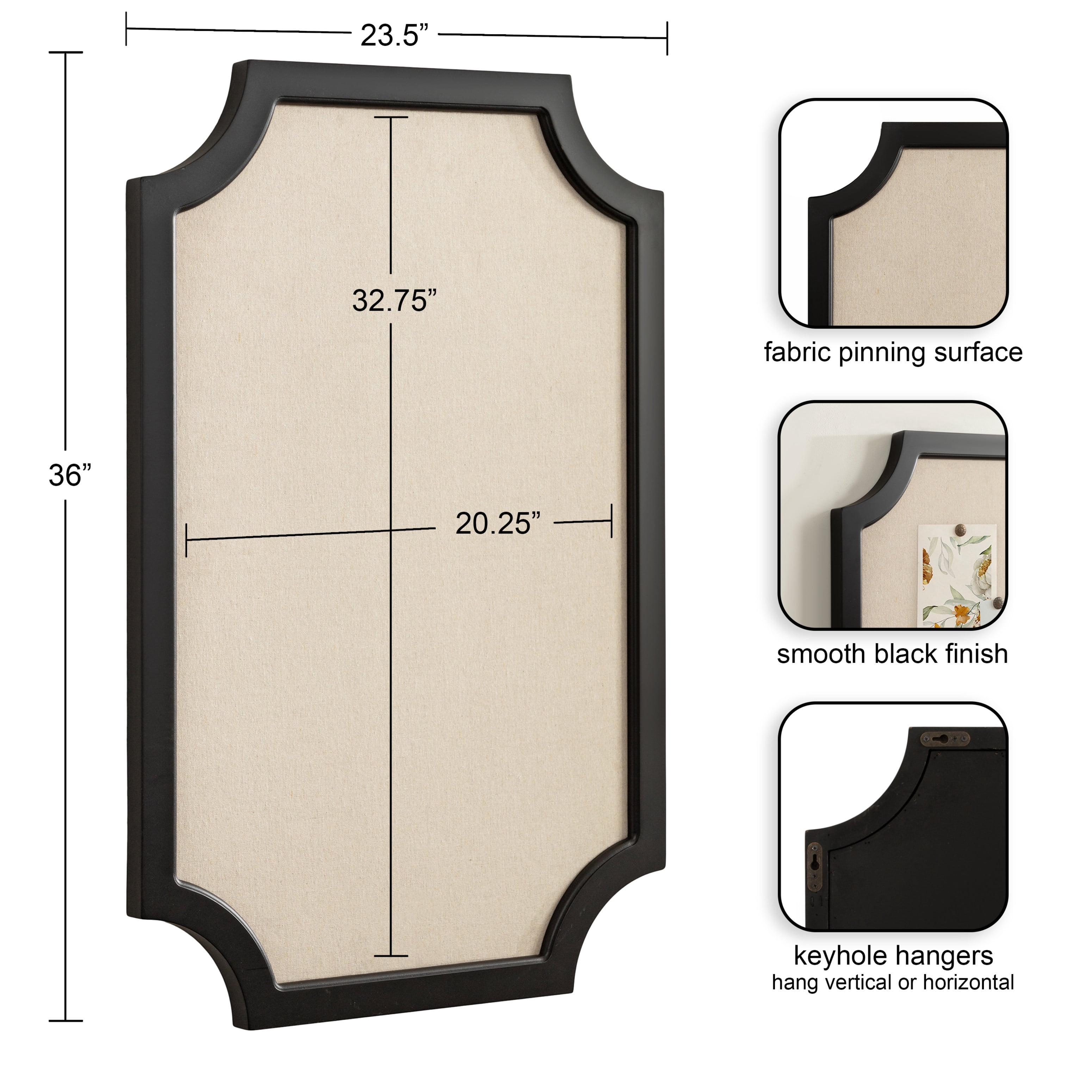 Hogan Framed Scalloped Decorative Wall Pinboard, Black, 24 x 36, Rustic Modern Farmhouse Bulletin Board for Wall Organization and Decorative Displays