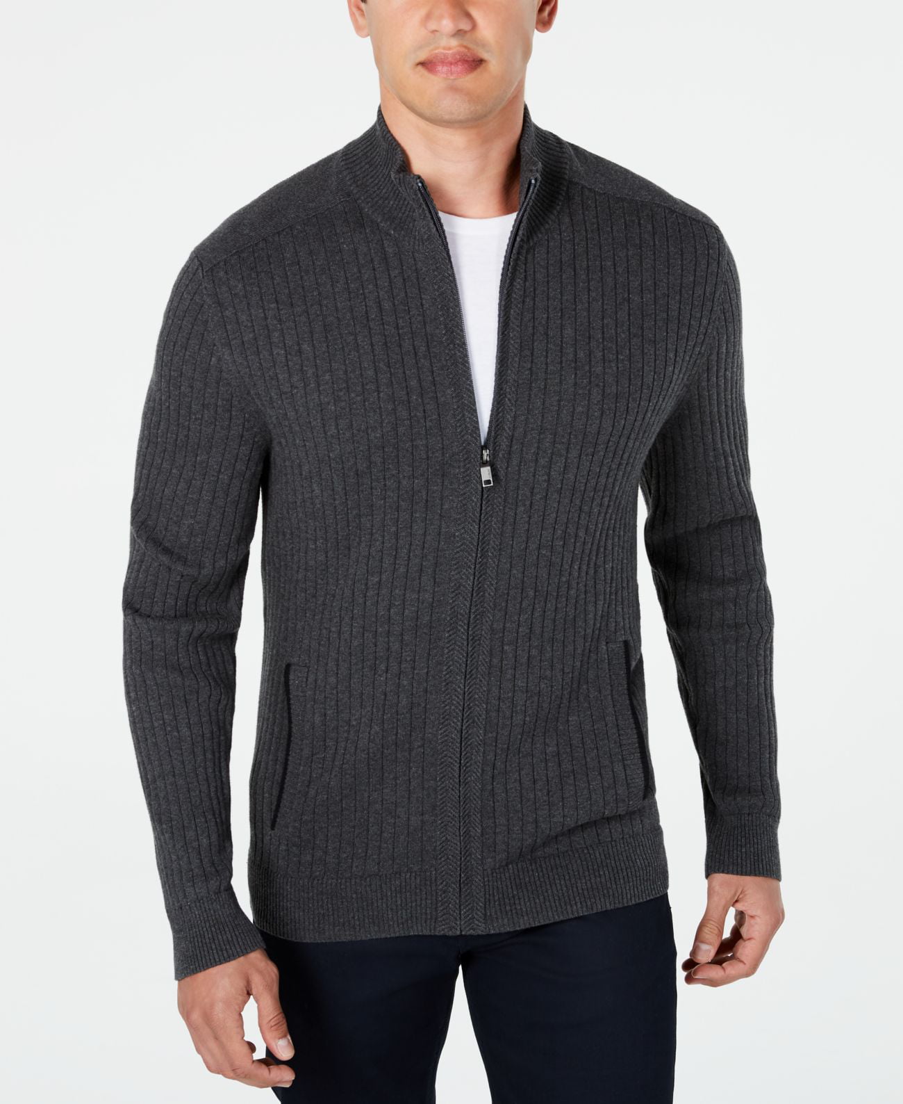 Alfani Men’s Ribbed Full-Zip Sweater, Dark Gray/L - Walmart.com