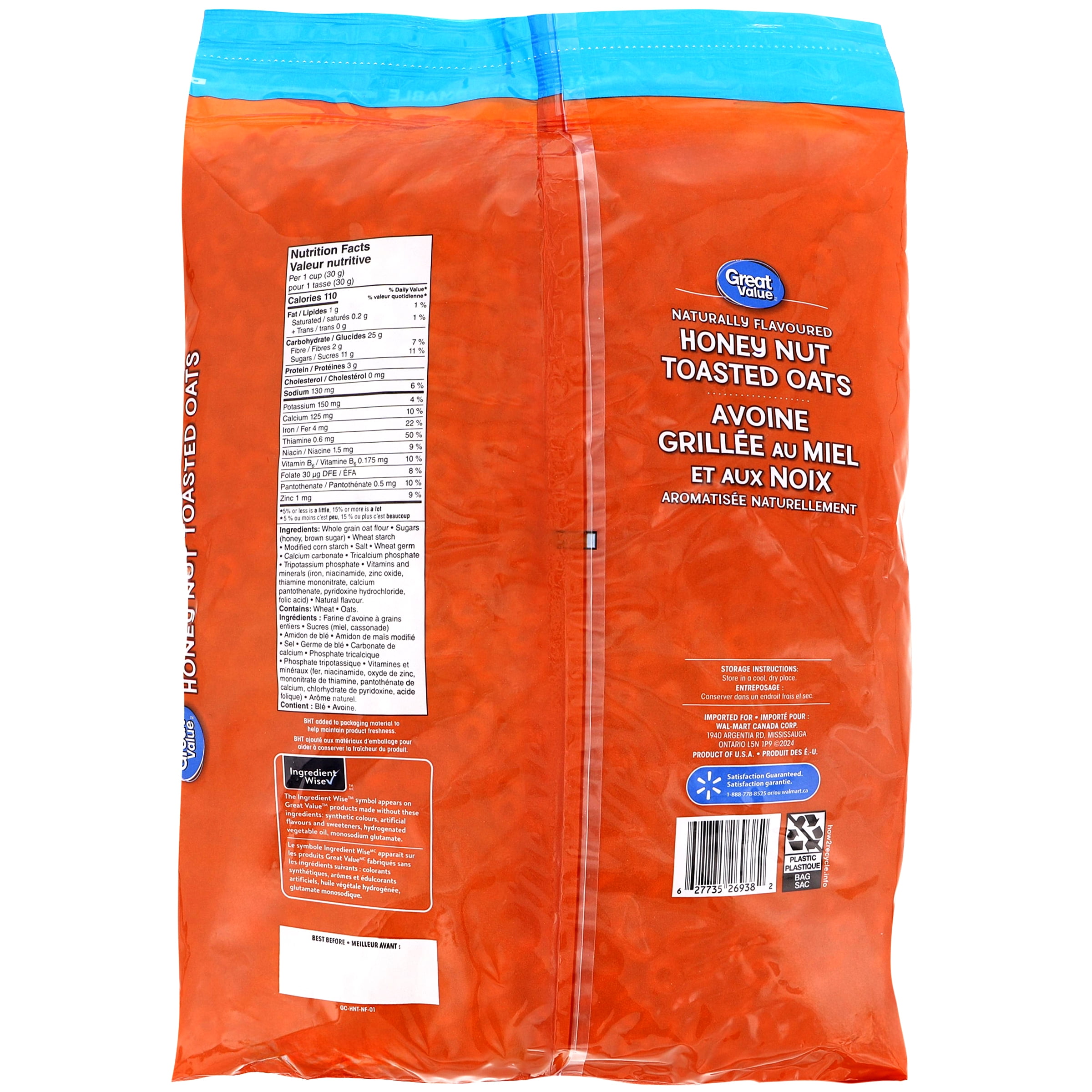 Céréales Avoine grillée au miel et aux noix aromatisée naturellement Great Value 794 g