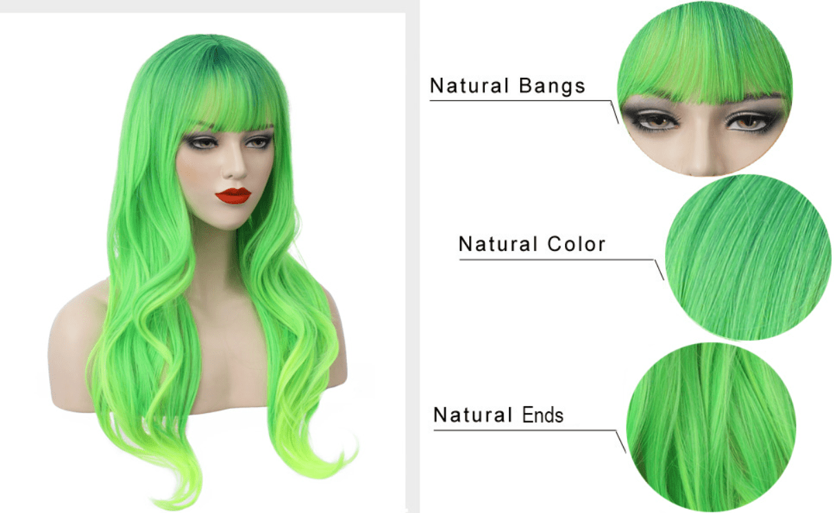 RightOn 26" Green Wig Long Wavy Wig with Bangs Lime Neon Green Wig Ombre Green Wigs for Women Girls Wig Cap Included