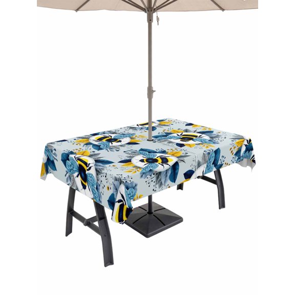 Outdoor Tablecloth with Umbrella Hole for Patio/Picnic/Party/Camping, Gray Blue Bees Farmhouse Waterproof Table Cloth Rectangle Table Cover Washable, Spring Summer Botanical Flowers (54"x 80")