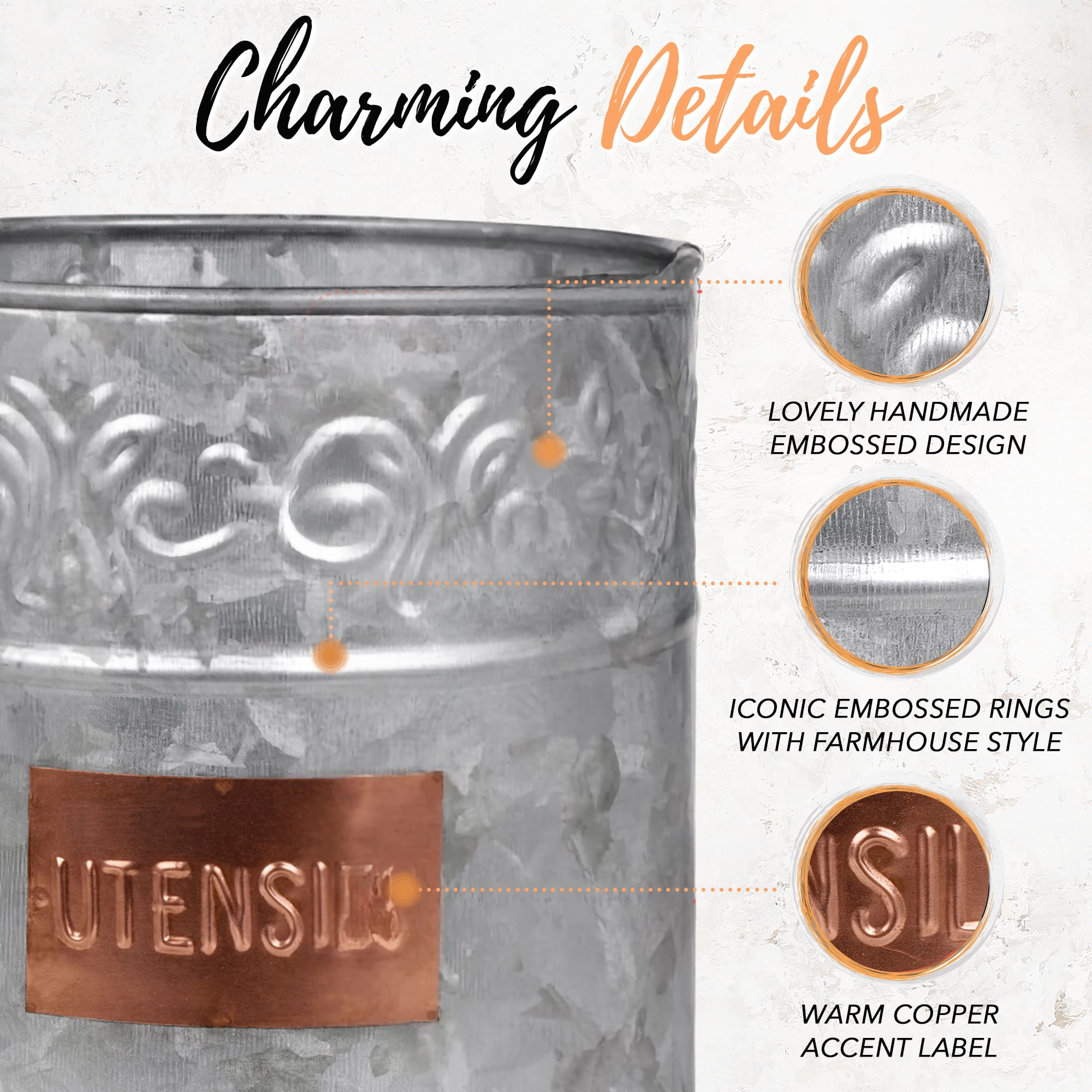 Autumn Alley Galvanized Round Utensil Holder with Embossed Copper Label