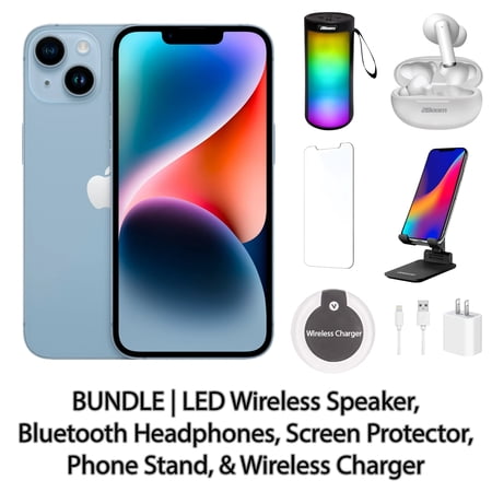 Restored Apple iPhone 14 128GB Blue Fully Unlocked Bundle with LED Wireless Speaker, Bluetooth Headphones, Screen Protector, Wireless Charger, & Phone Stand