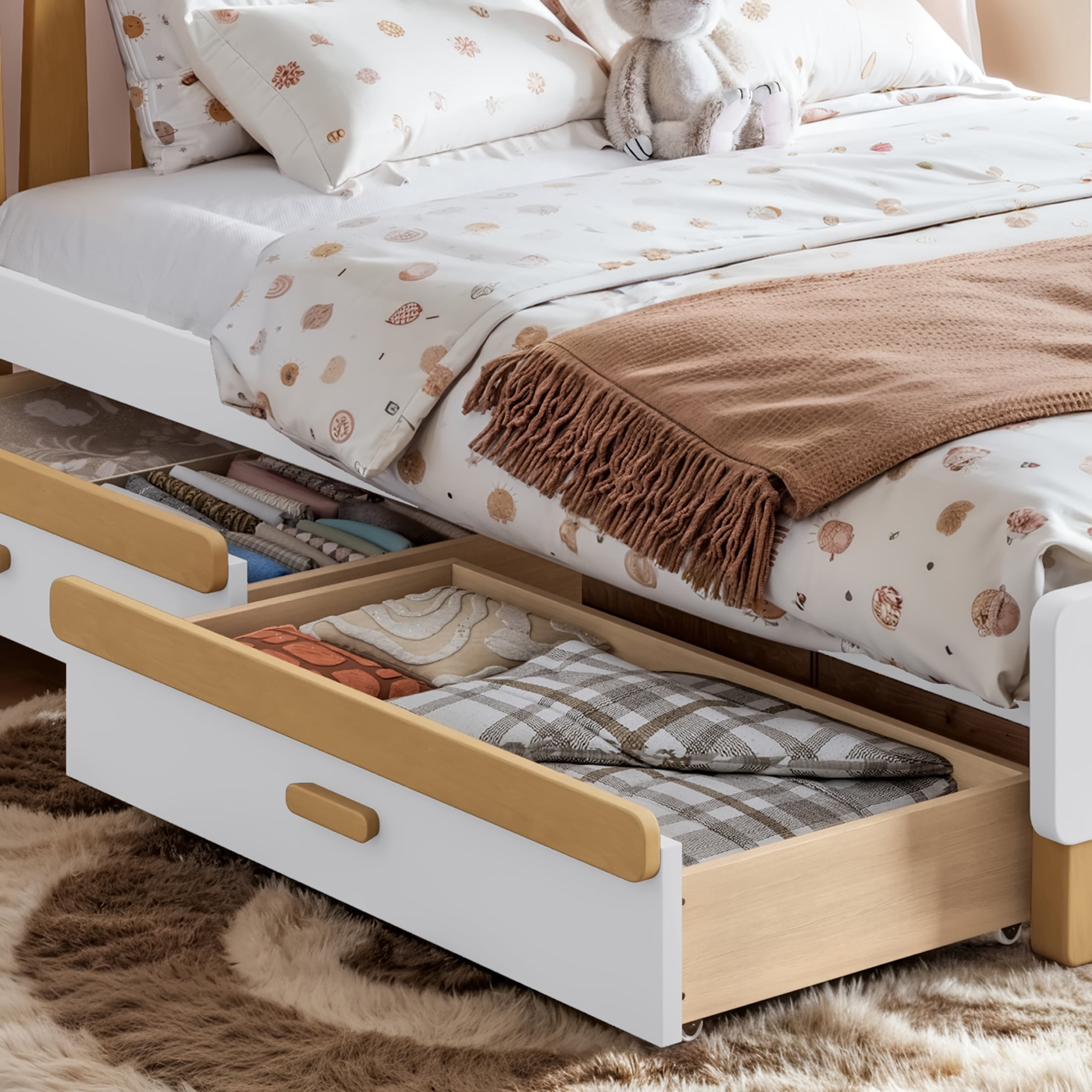 GDF Studio Full Size Platform Bed with Storage Drawers, Round Headboard, No Box Spring Needed, White+Natural