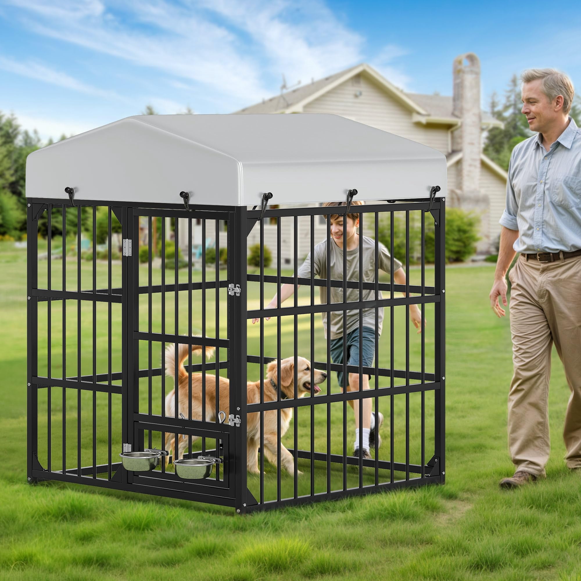 Outdoor Dog Enclosure With Rotating Feeder Bowls  4'l X 4'w 5'h Outside Kennel Roof Heavy Duty Cage For Small Medium Dogs