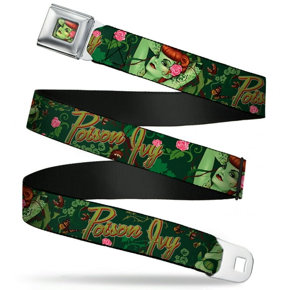 DC Comics Belt, Seatbelt Buckle Belt, Poison Ivy Bombshell Poses Greens Reds, 34 to 52 Inches