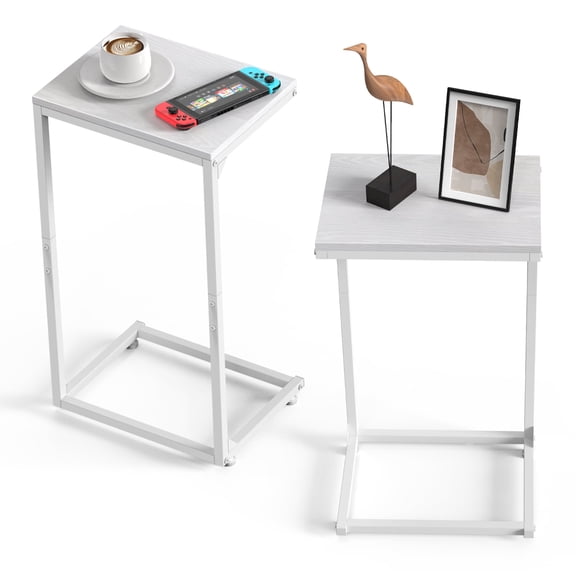 2-Pack White C-Shaped Side Table Set - Adjustable Sofa & Bed Desk with Wood Pattern Top for Laptop, Drinks & Snacks