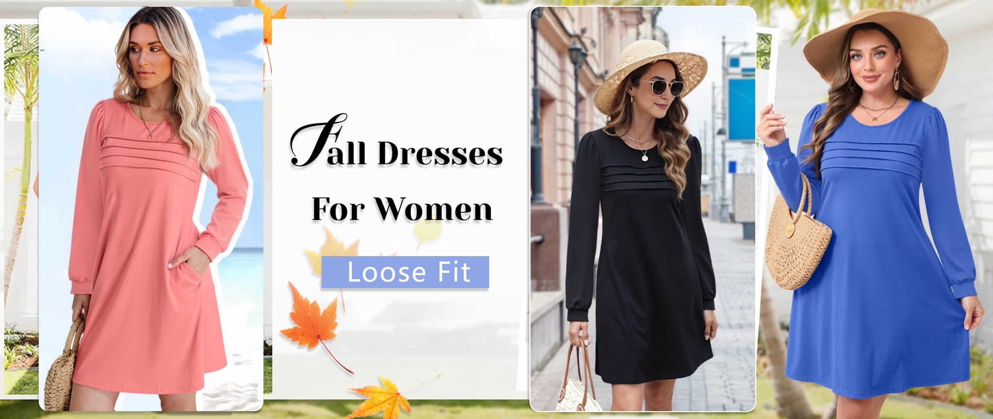 Fantaslook Pleated Long Sleeve Dresses for Women Fashion Fall Dresses Casual Dress with Pockets