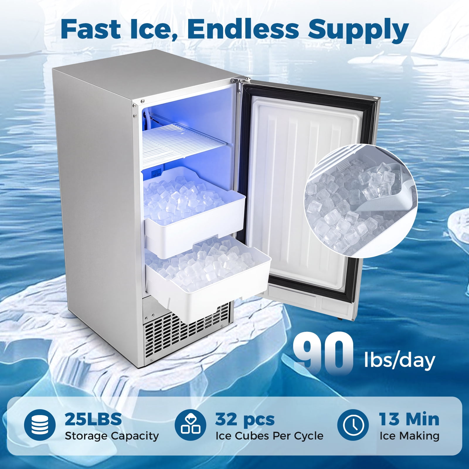 Costway Commercial Under Counter Ice Maker, 25 lbs Storage Capacity, for Home Bar Cafe Silver