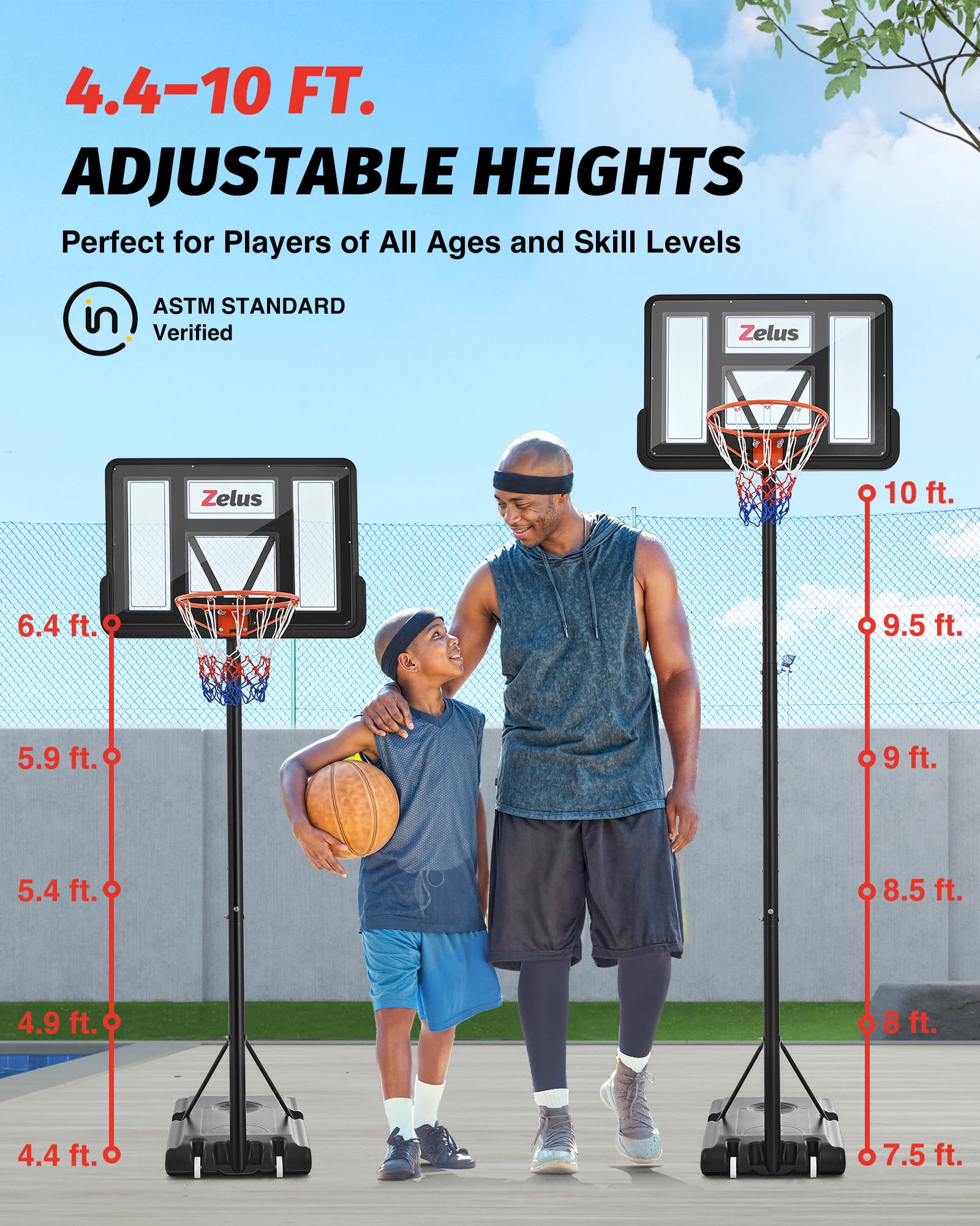 Zelus 4.4ft-10ft Adjustable Height 43.3"x29.5" Longevity Outdoor Portable Basketball Systems (Adult)
