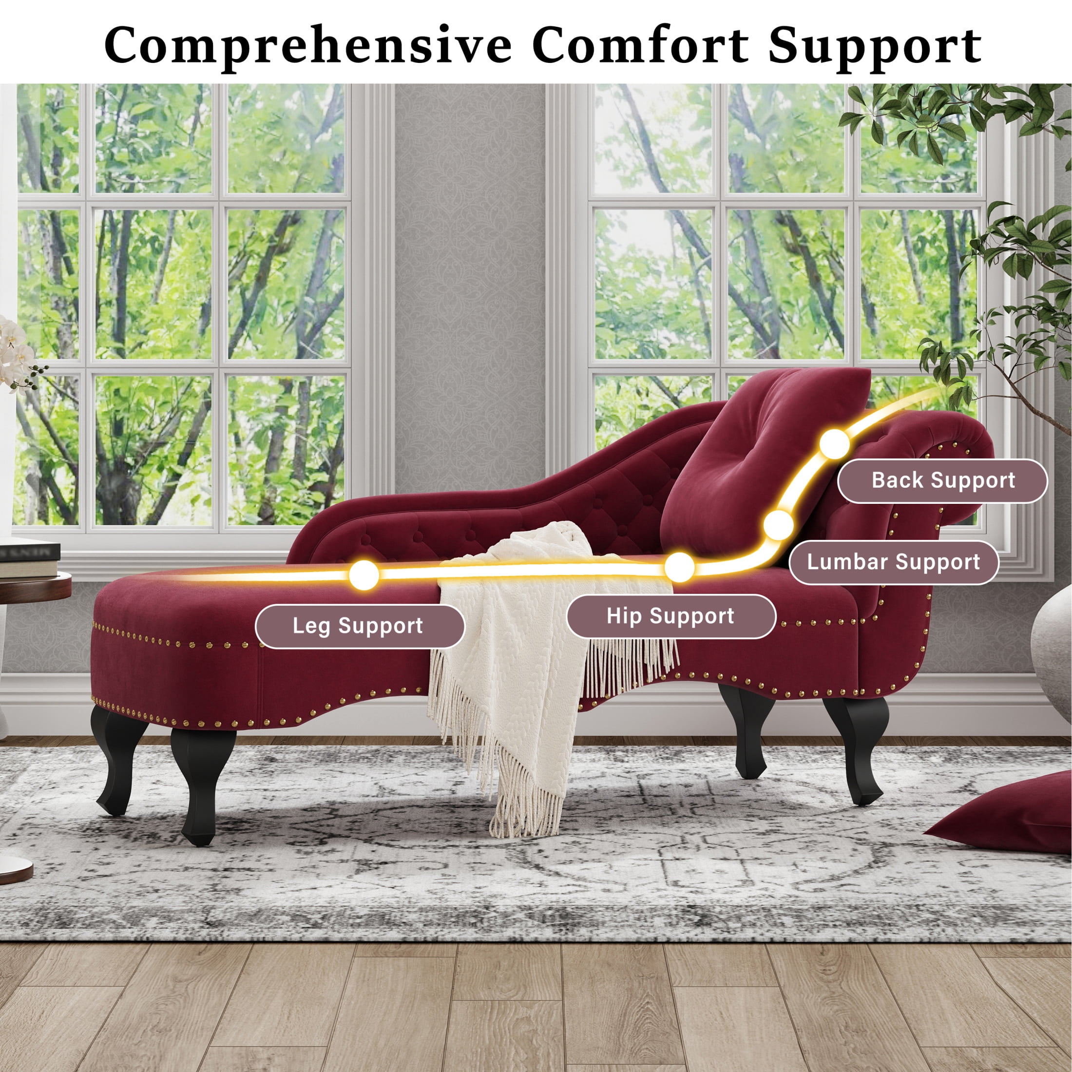Christopher Knight Home 62" Luxury Velvet Chaise Lounge Bench with Pillow, Right Scrolled Backrest & Nailhead Trim, Burgundy