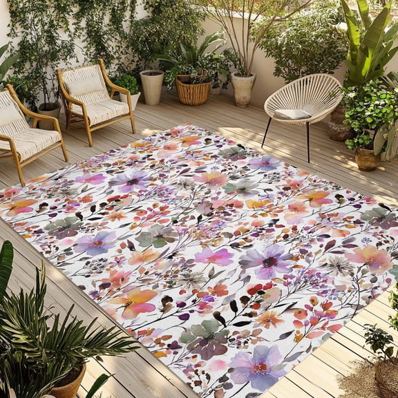 Watercolor Floral Outdoor Rug for Patio/Deck/Porch, Non-Slip Large Area Rug 6 x 9 Ft, Spring Flowers Plants Modern Rustic Indoor Outdoor Rugs Washable Area Rugs, Reversible Camping Rug Carpet Runner