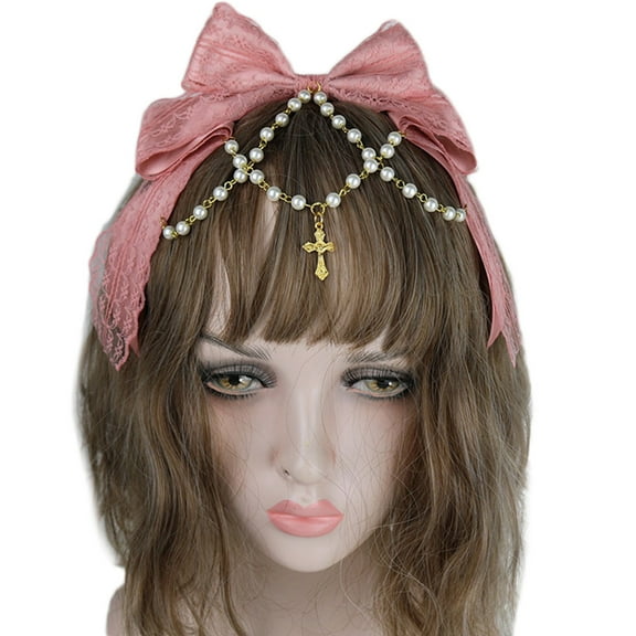 GRABLOOM Multilayered Lace Bow Headband Lolita Hairband Maid Pearl Chain Bows Headwear