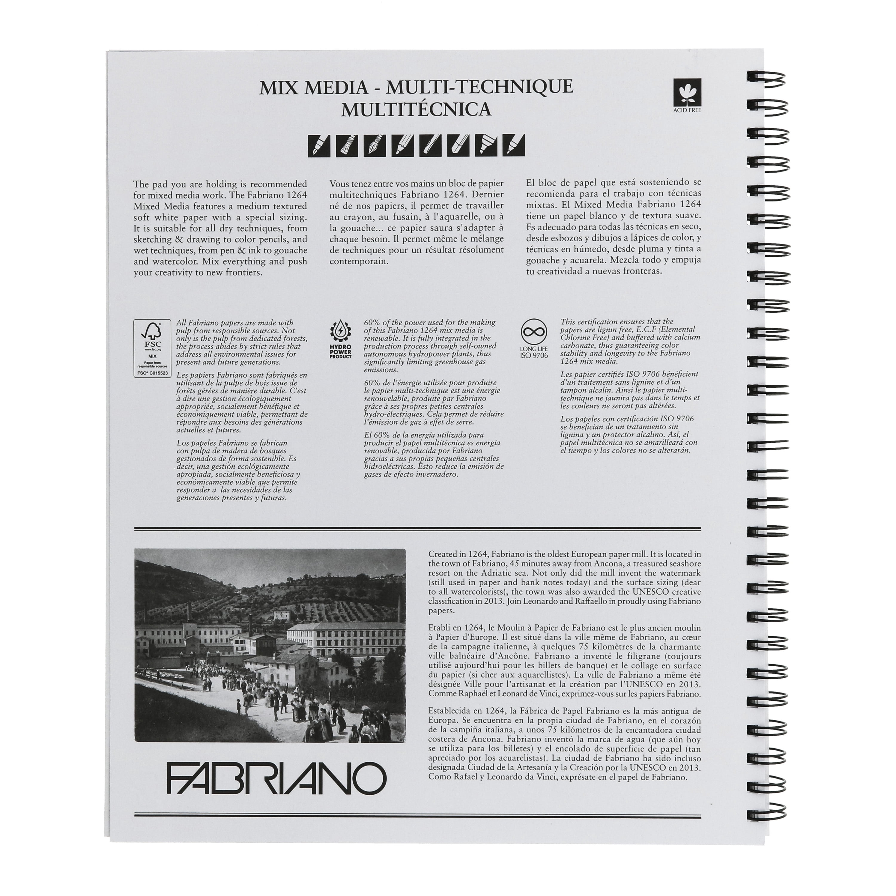 Fabriano 1264 Mixed Media Pad, 11”x14”, 110 lb, 60 Sheets, 100% Alpha-Cellulose, Dry & Wet Mediums