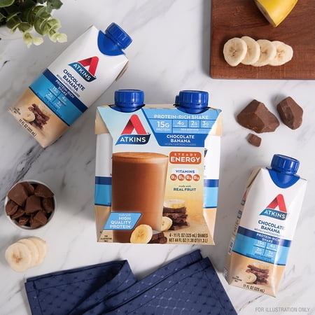 ATKINS CHOCOLATE BANANA PROTEIN SHAKE, HIGH PROTEIN, LOW GLYCEMIC, LOW CARB, LOW SUGAR, KETO FRIENDLY, 4 COUNT