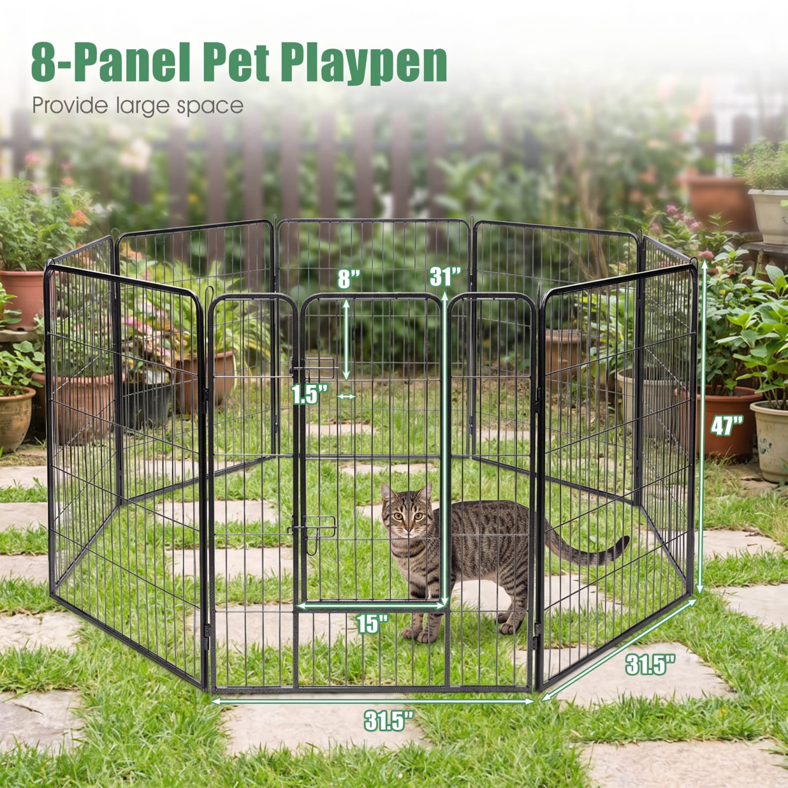 Vebreda Dog Playpen, 8 Metal Panel Heavy Duty Pet Playpen Dog Fence with Door, Heavy-Duty Dog Playpen, Changeable Shape, Added Secure Design
