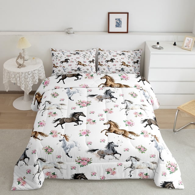 Erosebridal Horse Bedding Queen Comforter Set, Pink Rose Down Comforter, Cartoon Animal Room Decor, Reversible