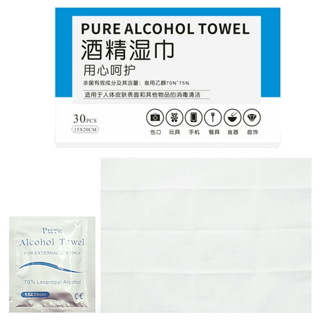 toallitas húmedas para limpieza de heridas, 30 unidades por caja, toallitas húmedas de limpieza portátiles desechables, toallitas húmedas de limpieza, funcionamiento suave. Paquete blanco y azul con texto "PURE ALCOHOL TOWEL", toallitas de tela no tejida 15 x 20 cm y 75% de ingredientes de limpieza concentrados; una toallita desplegada blanca sobre fondo claro; marca VoborMX; suele usarse también para limpiar pequeños utensilios o superficies durante viajes.
