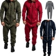 thumbnail image 1 of Men's Hooded Fleece Lining Jumpsuit, Long Sleeve Full Zipper Overalls with Kangaroo Pockets, 1 of 10