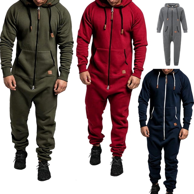 Men's Hooded Fleece Lining Jumpsuit, Long Sleeve Full Zipper Overalls with Kangaroo Pockets
