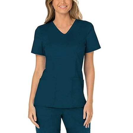 

Akklian Women s Scrub Tops with Pockets Short Sleeve V-Neck Blouse Working Uniform Solid Color Shirts Summer Tunic Tops Summer Saving Clearance
