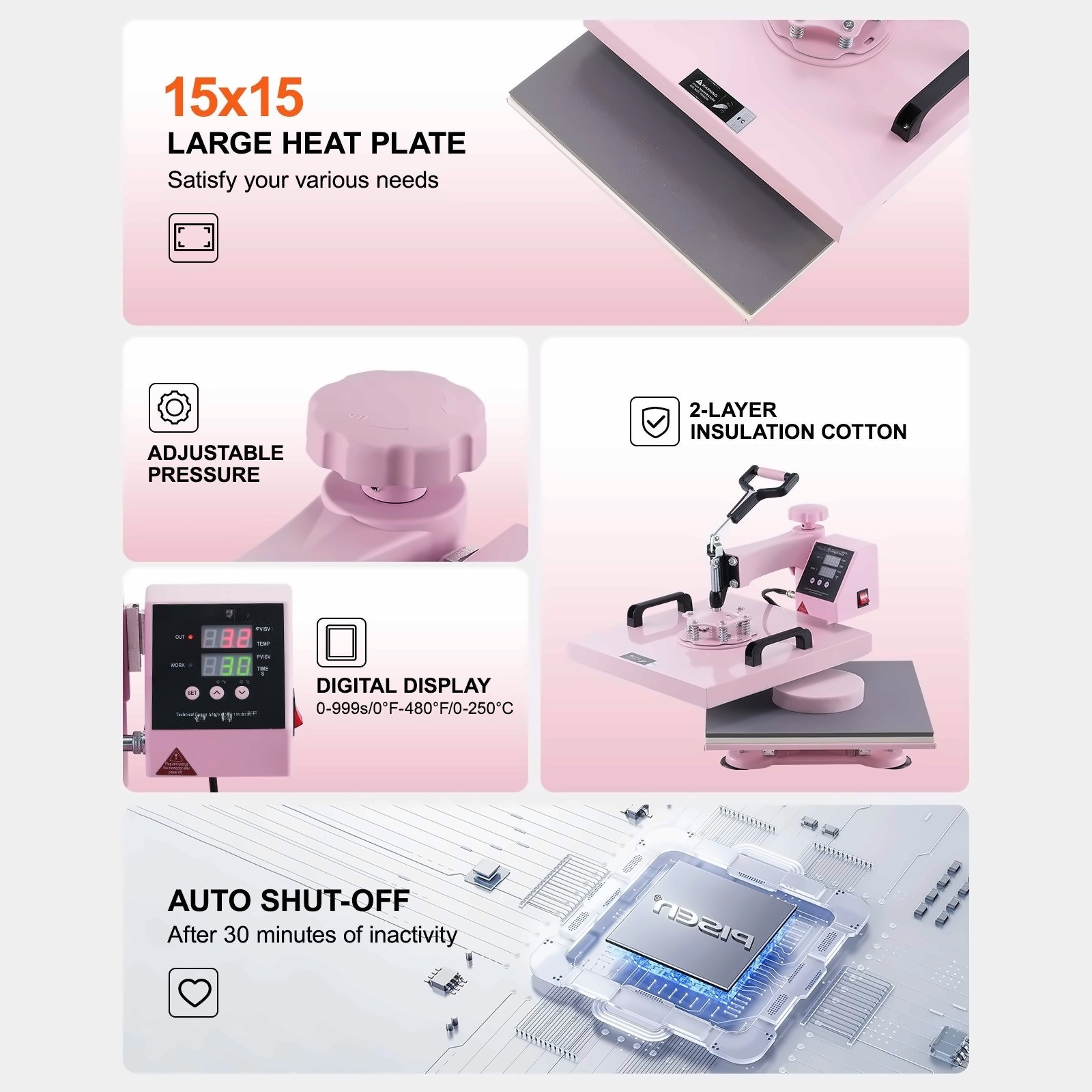 Heat Press Machine 15x15 inch 8 in 1 - Tumbler Press 6-30oz, Swing Away, Digital Control - for T-Shirts, Mugs, Hats, Plates - Pink