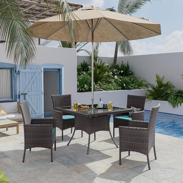 Gotland 5-Piece Rattan Dining Set - Tempered Glass Table, 4 Chairs With Cushions, Umbrella Hole - Indoor/Outdoor
