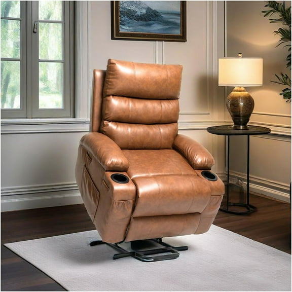 JERFIT Power Lift Recliner Chair for Elderly with Massage and Heat, Electric Reclining Sofa with Remote Control, Cup Holders, Oversized Comfort in Brown PU Leather
