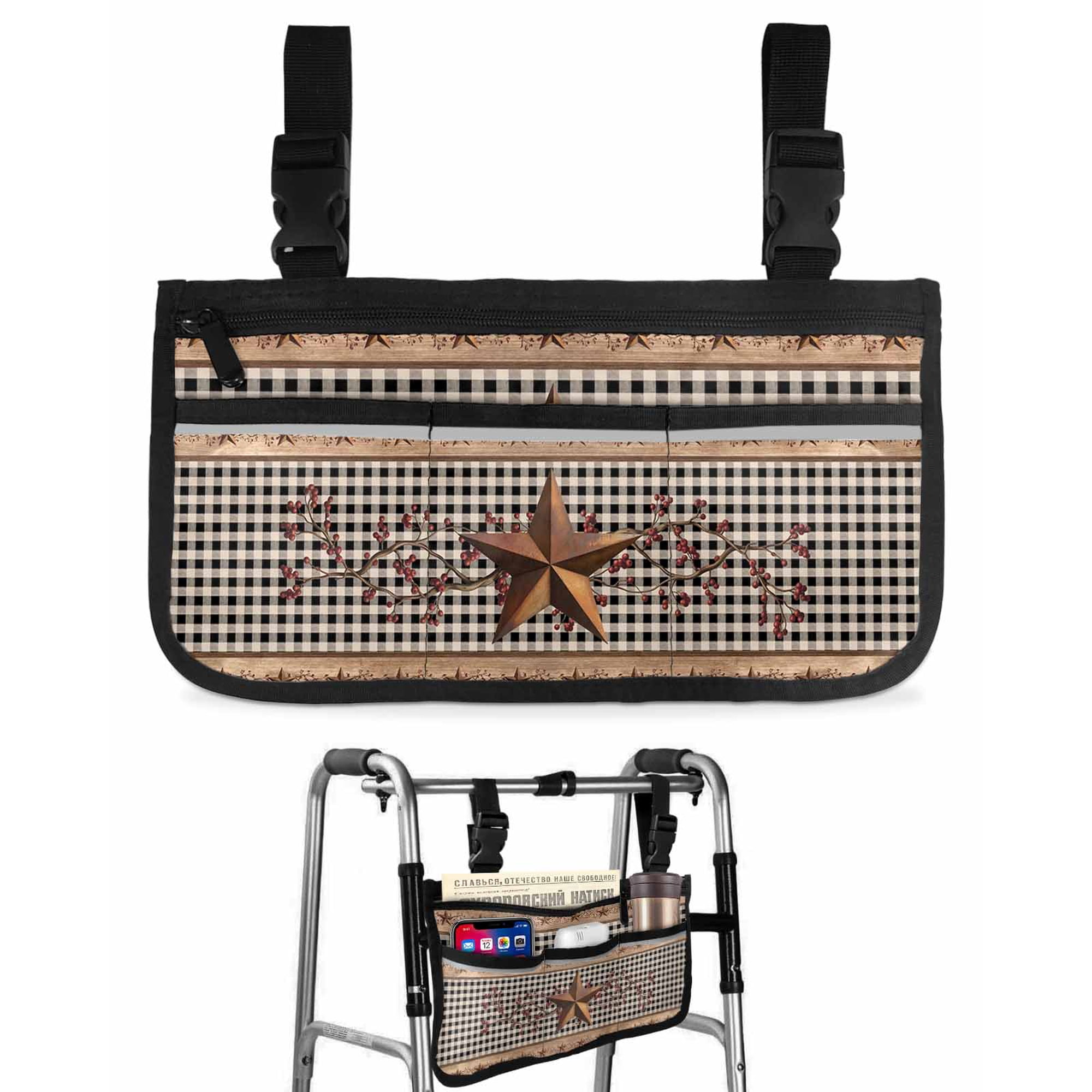 Brown Texas Star Retro Wheelchair Side Bag Walk Bag Basket, Country Star Buffalo Plaid Wooden Wheelchair Accessories Armrest Pouch, Organizer Storage Bags for Walkers, Rollators, Scooters, 7.3"x13"