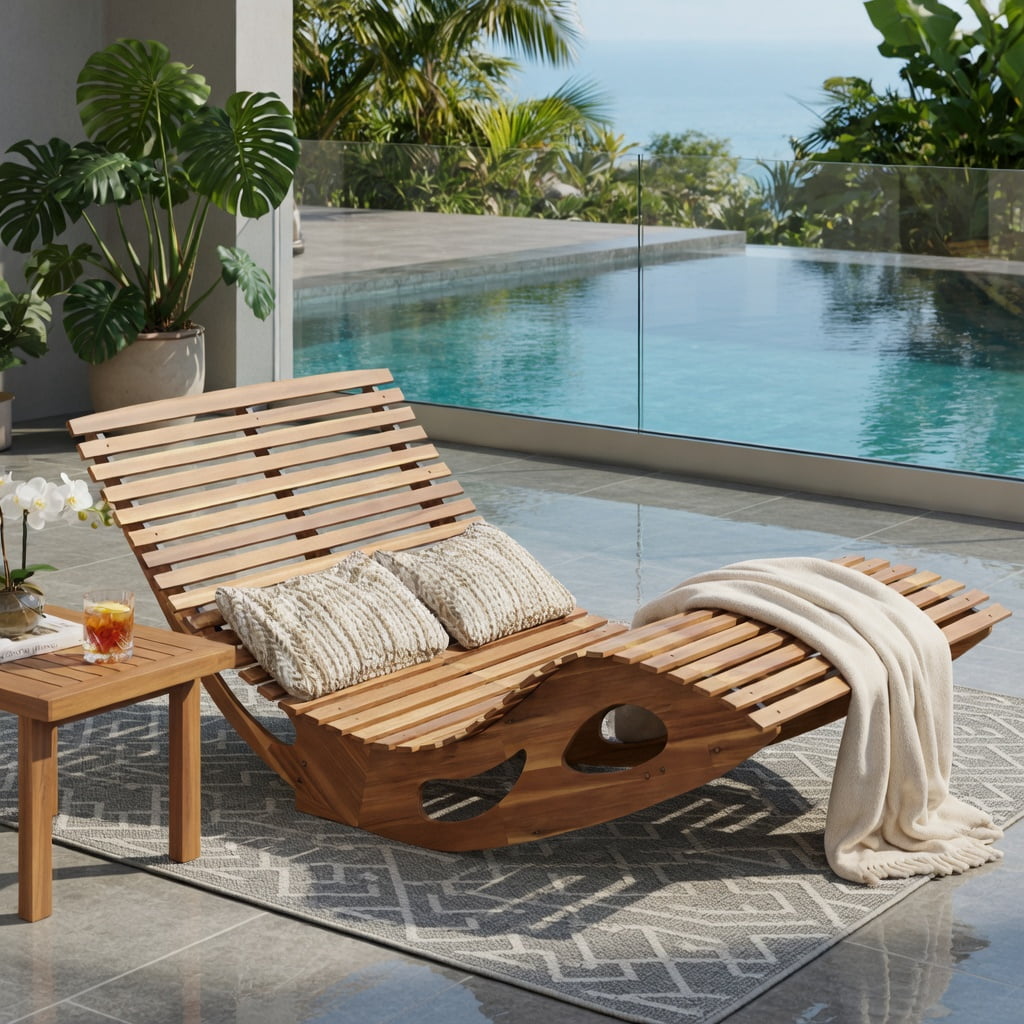 Hommoo Slatted Acacia Wood 2-Seat Dual Rocker Patio Sunbed, Ergonomic Curved Seat, Poolside & Backyard Lounger, Natural
